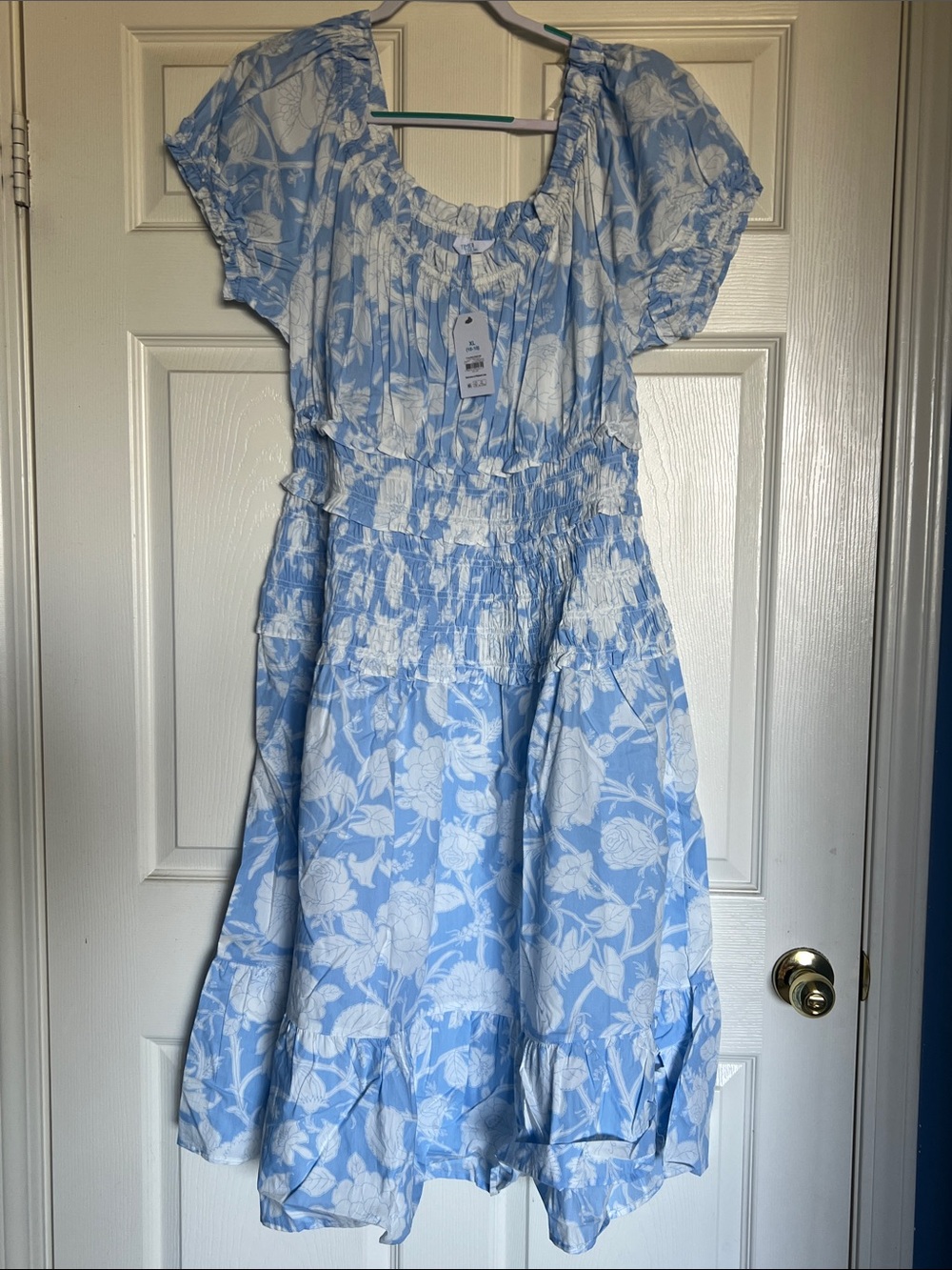 Blue Floral Tropical Tiki Smocked Waist Dress